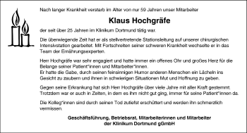 Traueranzeige von Klaus Hochgräfe von Ruhr Nachrichten