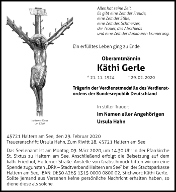 Traueranzeige von Käthi Gerle von Ruhr Nachrichten und Halterner Zeitung