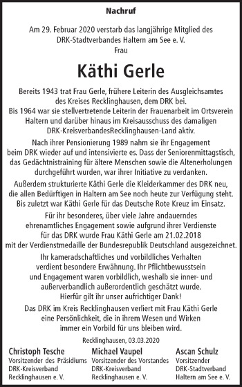 Traueranzeige von Käthi Gerle von Ruhr Nachrichten und Halterner Zeitung