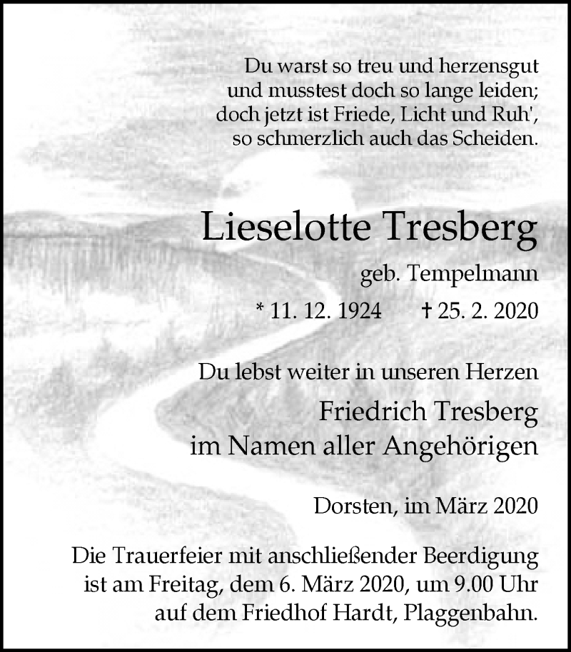  Traueranzeige für Lieselotte Tresberg vom 05.03.2020 aus Ruhr Nachrichten und Dorstener Zeitung