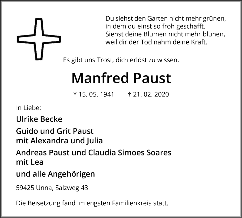  Traueranzeige für Manfred Paust vom 14.03.2020 aus Hellweger Anzeiger