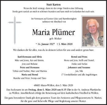 Traueranzeige von Maria Plümer von Münstersche Zeitung und Münsterland Zeitung