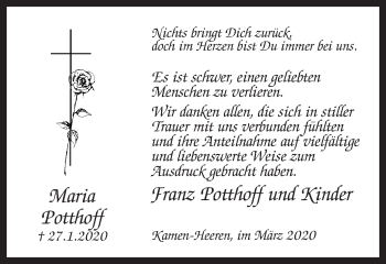 Traueranzeige von Maria Potthoff von Hellweger Anzeiger