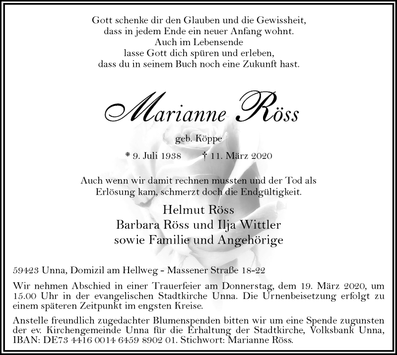  Traueranzeige für Marianne Röss vom 14.03.2020 aus Hellweger Anzeiger