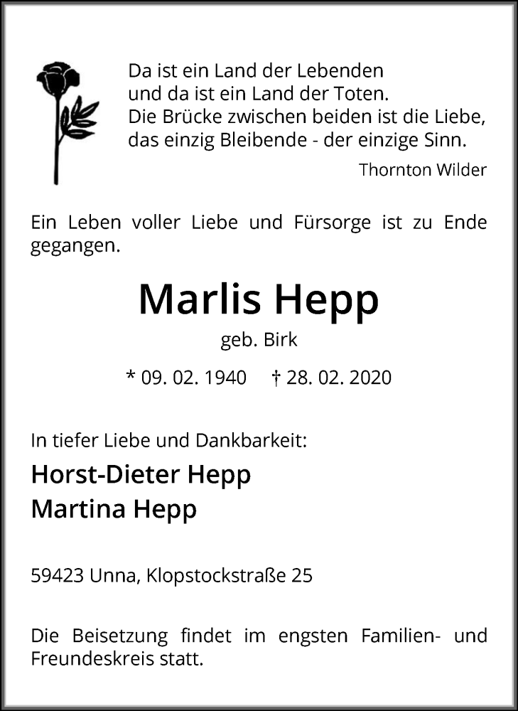  Traueranzeige für Marlis Hepp vom 03.03.2020 aus Hellweger Anzeiger