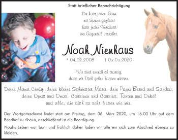 Traueranzeige von Noah Nienhaus von Münstersche Zeitung und Münsterland Zeitung