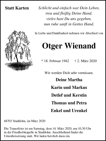 Traueranzeige von Otger Wienand von Münstersche Zeitung und Münsterland Zeitung