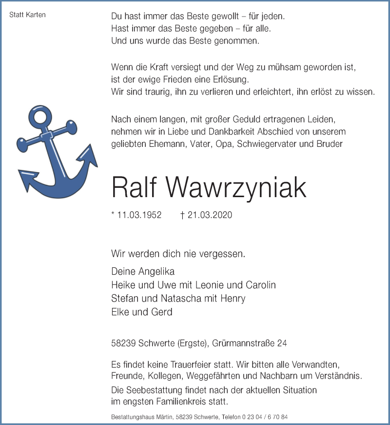  Traueranzeige für Ralf Wawrzyniak vom 25.03.2020 aus Ruhr Nachrichten