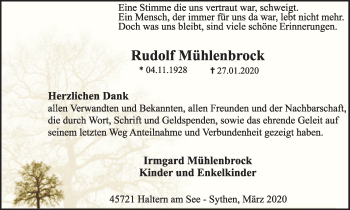 Traueranzeige von Rudolf Mühlenbrock von Ruhr Nachrichten und Halterner Zeitung