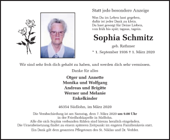 Traueranzeige von Sophia Schmitz von Münstersche Zeitung und Münsterland Zeitung