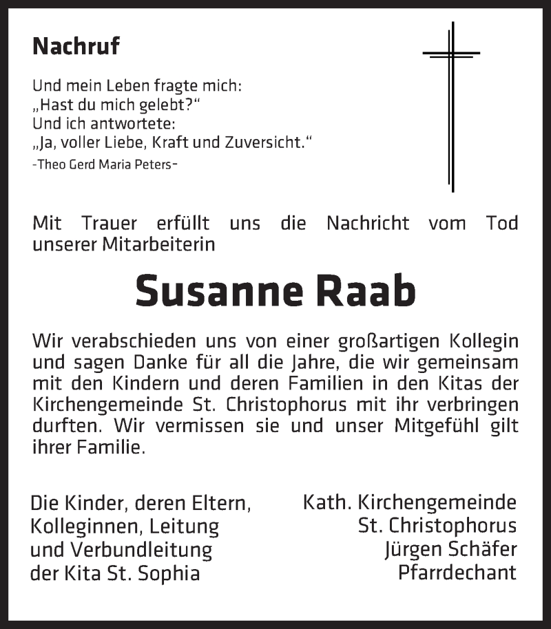  Traueranzeige für Susanne Raab vom 11.03.2020 aus Ruhr Nachrichten