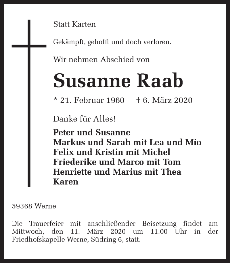  Traueranzeige für Susanne Raab vom 10.03.2020 aus Ruhr Nachrichten