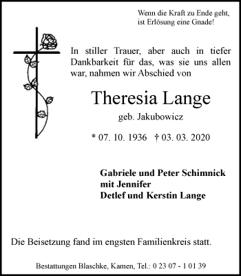 Traueranzeige von Theresia Lange von Hellweger Anzeiger