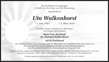 Traueranzeige von Uta Walkenhorst von Ruhr Nachrichten