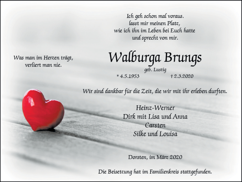  Traueranzeige für Walburga Brungs vom 14.03.2020 aus Ruhr Nachrichten und Dorstener Zeitung