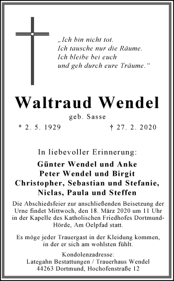 Traueranzeige von Waltraud Wendel von Ruhr Nachrichten