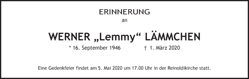  Traueranzeige für Werner Lämmchen vom 07.03.2020 aus Ruhr Nachrichten