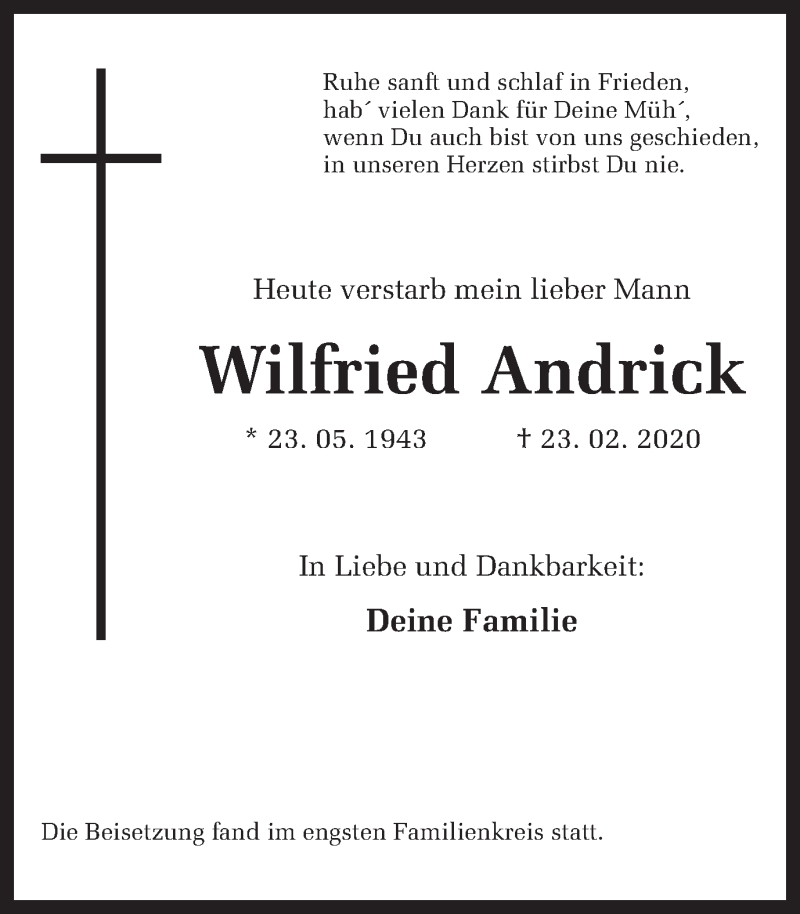  Traueranzeige für Wilfried Andrick vom 07.03.2020 aus Ruhr Nachrichten