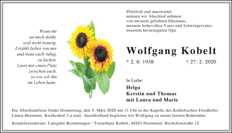  Traueranzeige für Wolfgang Kobelt vom 03.03.2020 aus Ruhr Nachrichten