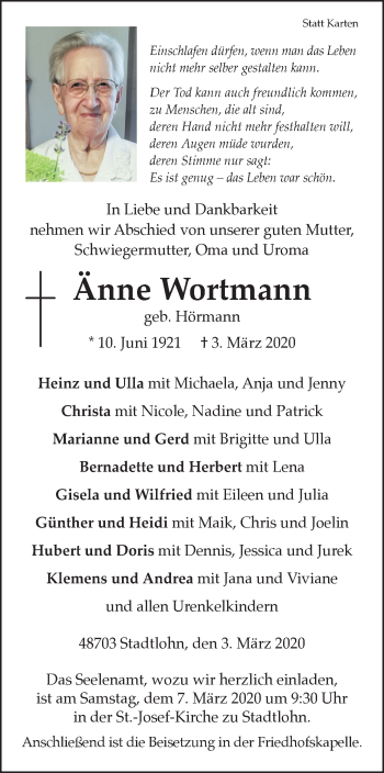 Traueranzeige von Änne Wortmann von Münstersche Zeitung und Münsterland Zeitung
