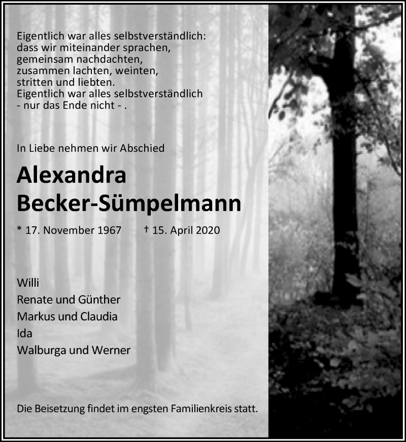  Traueranzeige für Alexandra Becker-Sümpelmann vom 18.04.2020 aus Ruhr Nachrichten