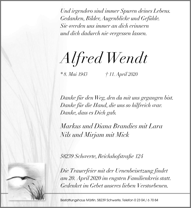  Traueranzeige für Alfred Wendt vom 15.04.2020 aus Ruhr Nachrichten