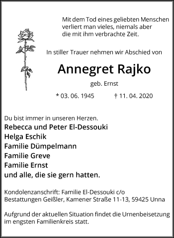 Traueranzeige von Annegret Rajko von Hellweger Anzeiger