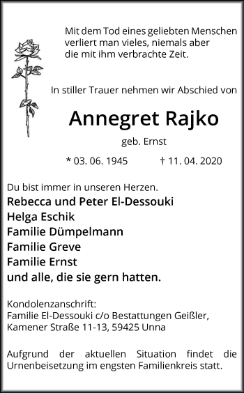 Traueranzeige von Annegret Rajko von Ruhr Nachrichten