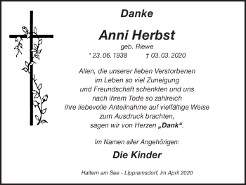 Traueranzeige von Anni Herbst von Ruhr Nachrichten und Halterner Zeitung
