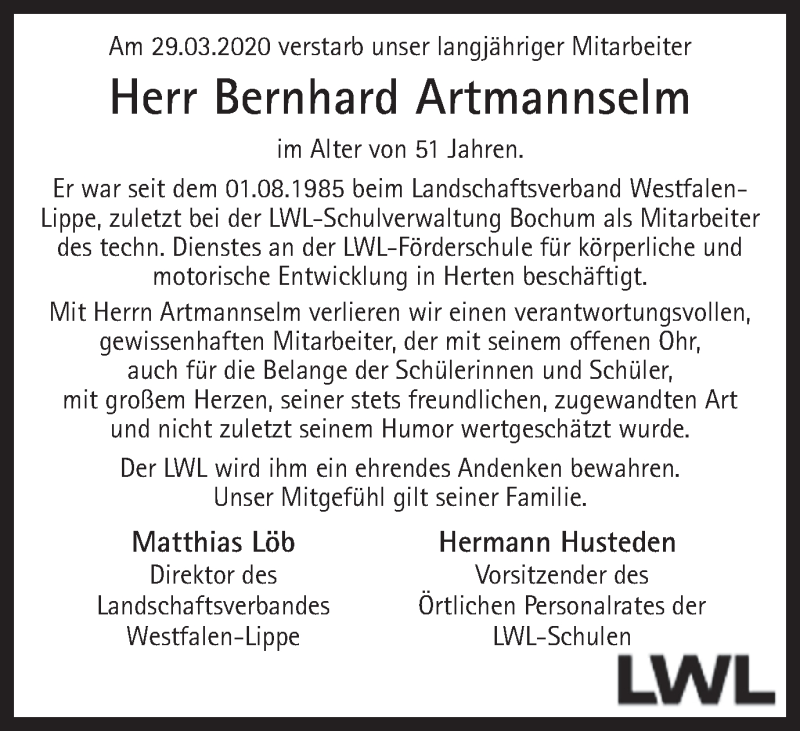  Traueranzeige für Bernhard Artmannselm vom 07.04.2020 aus Ruhr Nachrichten und Halterner Zeitung