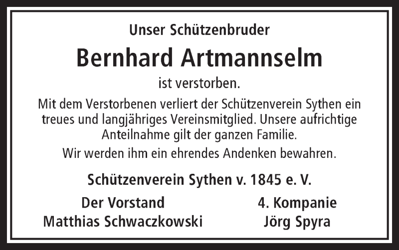 Traueranzeige für Bernhard Artmannselm vom 08.04.2020 aus Ruhr Nachrichten und Halterner Zeitung