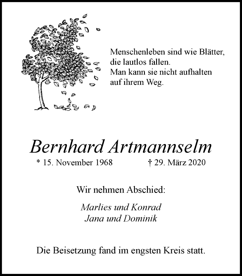  Traueranzeige für Bernhard Artmannselm vom 06.04.2020 aus Ruhr Nachrichten und Halterner Zeitung