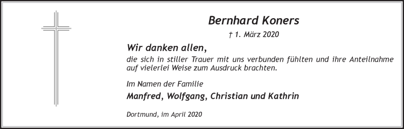  Traueranzeige für Bernhard Koners vom 11.04.2020 aus Ruhr Nachrichten
