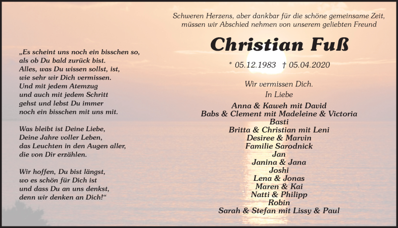  Traueranzeige für Christian Fuß vom 25.04.2020 aus Ruhr Nachrichten