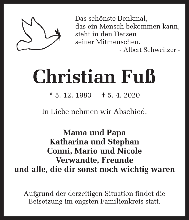  Traueranzeige für Christian Fuß vom 18.04.2020 aus Ruhr Nachrichten