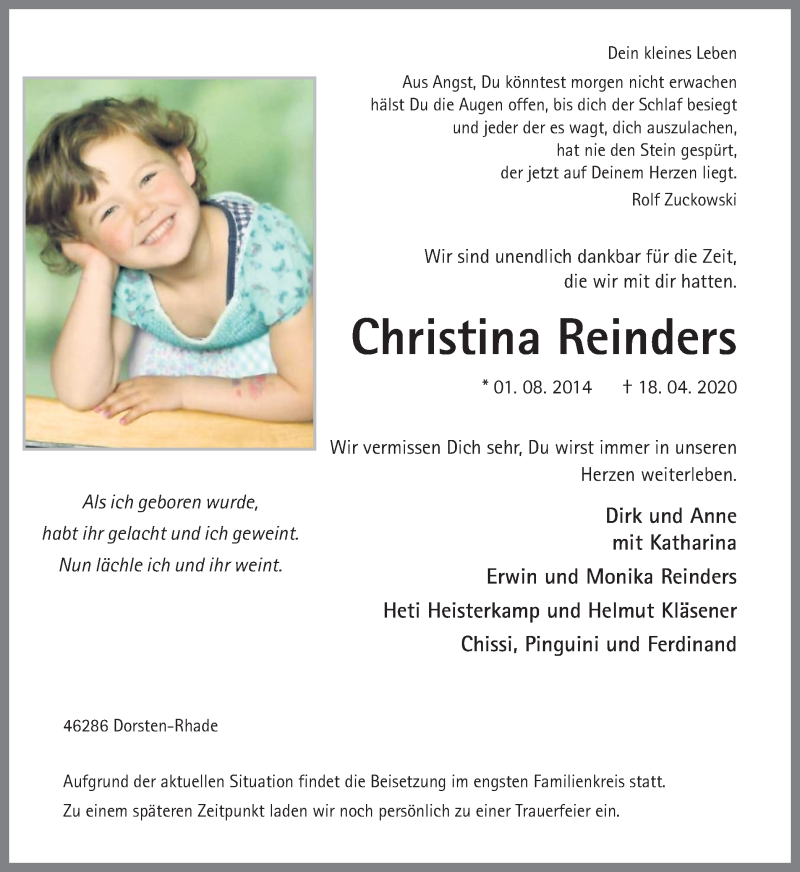  Traueranzeige für Christina Reinders vom 21.04.2020 aus Ruhr Nachrichten und Dorstener Zeitung