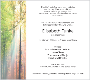 Traueranzeige von Elisabeth Funke von Hellweger Anzeiger