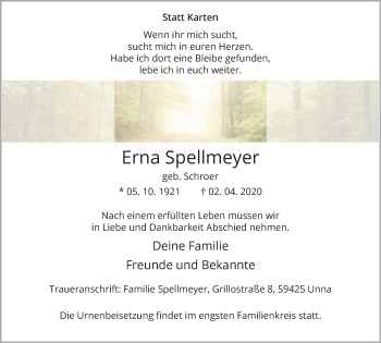 Traueranzeige von Erna Spellmeyer von Hellweger Anzeiger