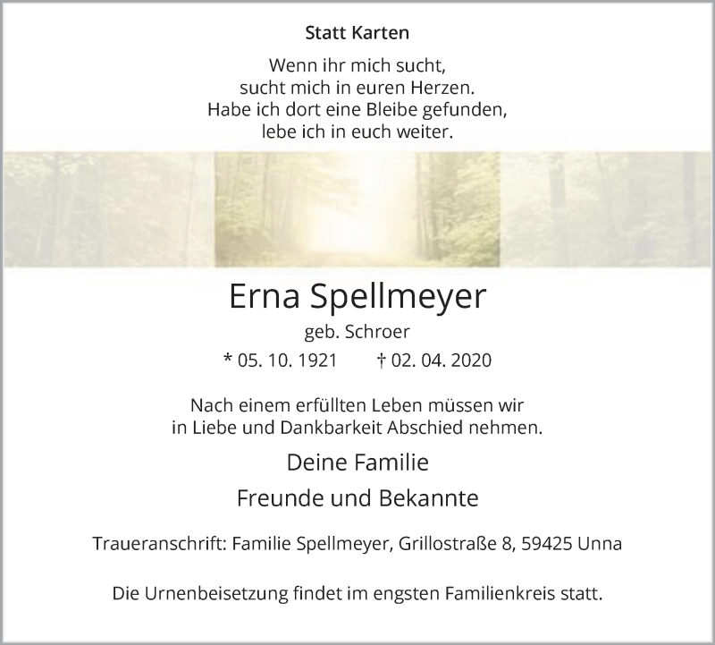  Traueranzeige für Erna Spellmeyer vom 06.04.2020 aus Hellweger Anzeiger