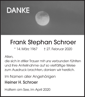 Traueranzeige von Frank Stephan Schroer von Ruhr Nachrichten und Halterner Zeitung