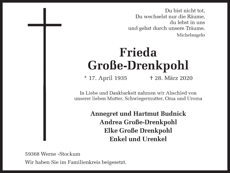  Traueranzeige für Frieda Große-Drenkpohl vom 08.04.2020 aus Ruhr Nachrichten