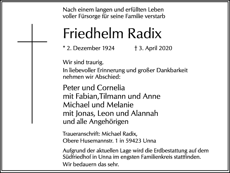  Traueranzeige für Friedhelm Radix vom 08.04.2020 aus Hellweger Anzeiger