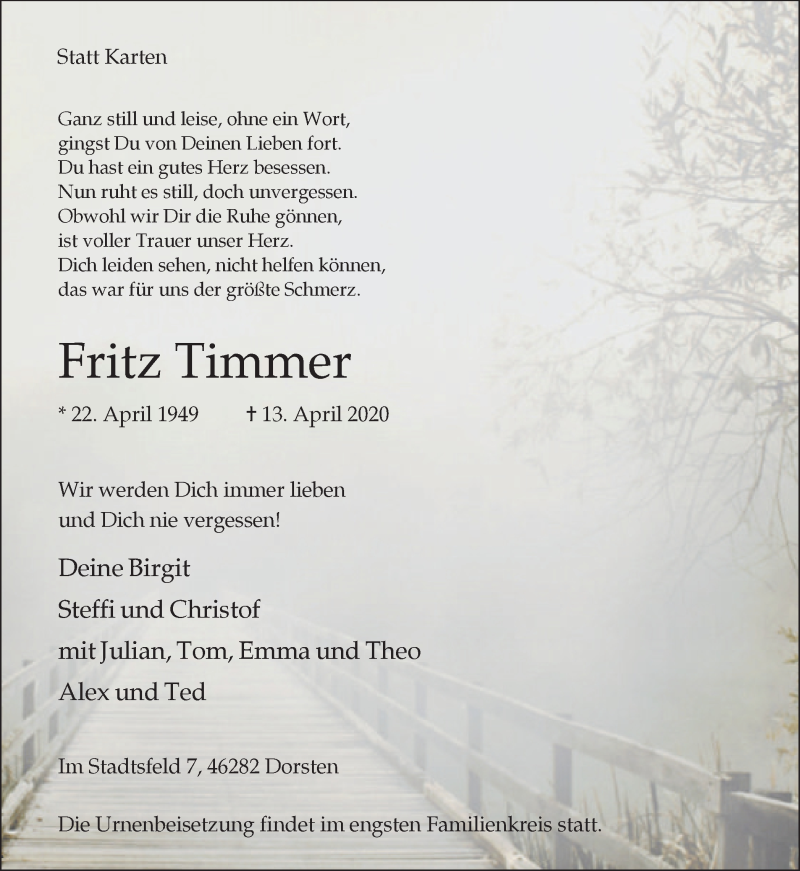  Traueranzeige für Fritz Timmer vom 23.04.2020 aus Ruhr Nachrichten und Dorstener Zeitung