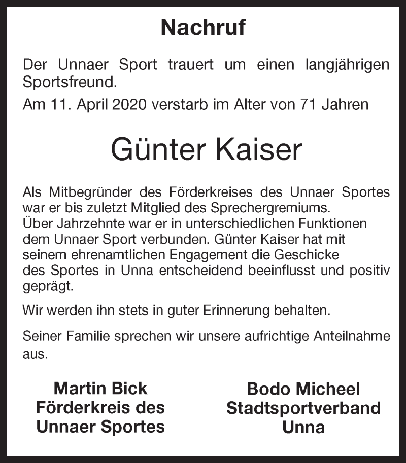  Traueranzeige für Günter Kaiser vom 17.04.2020 aus Hellweger Anzeiger