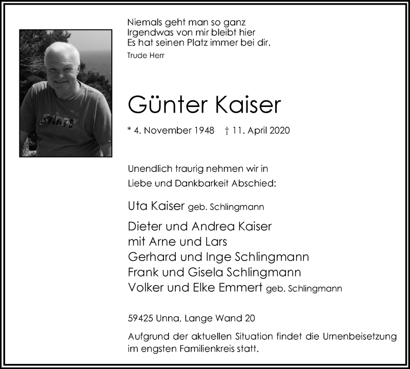  Traueranzeige für Günter Kaiser vom 15.04.2020 aus Hellweger Anzeiger