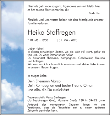Traueranzeige von Heiko Stoffregen von Hellweger Anzeiger