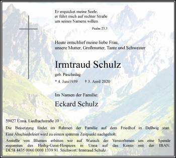 Traueranzeige von Irmtraud Schulz von Hellweger Anzeiger