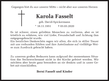 Traueranzeige von Karola Fasselt von Ruhr Nachrichten und Dorstener Zeitung
