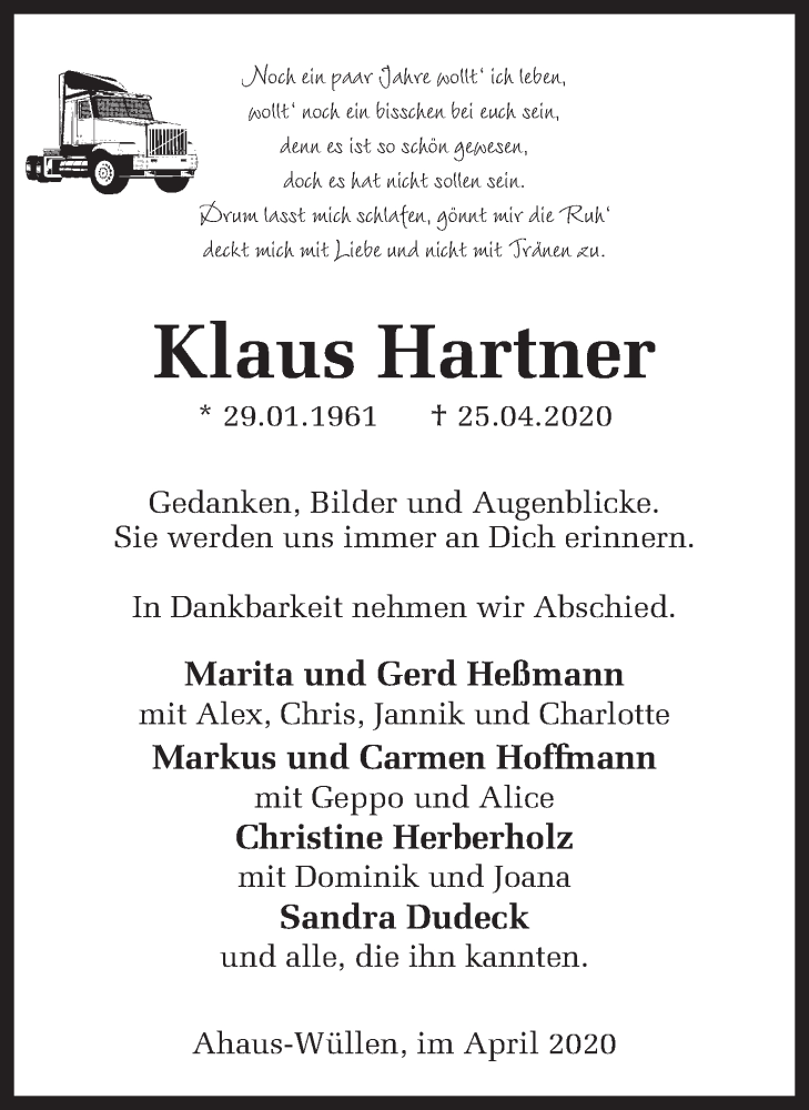  Traueranzeige für Klaus Hartner vom 29.04.2020 aus Münstersche Zeitung und Münsterland Zeitung