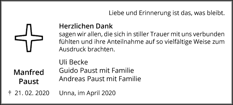  Traueranzeige für Manfred Paust vom 09.04.2020 aus Hellweger Anzeiger